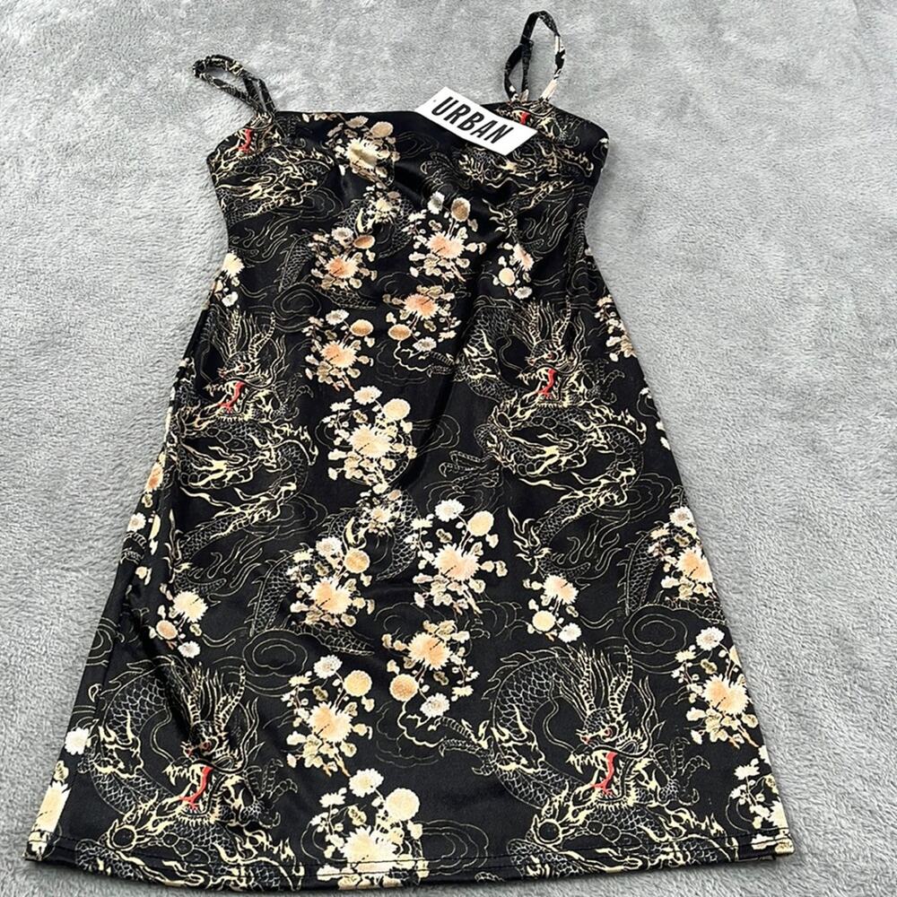 NEW Urban Outfitters XS Black Dragon Floral Chinese Mini Dress